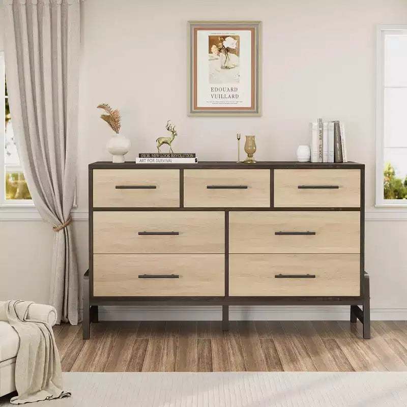 7 Cassettiere per camera da letto, cassettiera a 5 cassetti freestanding da 52" di larghezza con spazio di archiviazione, cassettiera rustica in rovere naturale per soggiorno, camera da letto