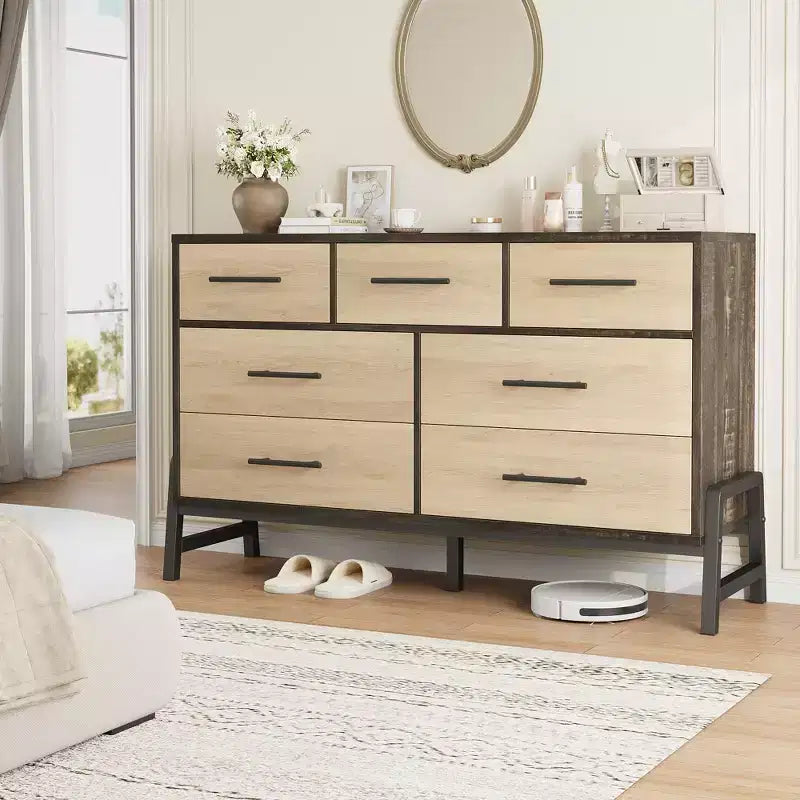 7 Cassettiere per camera da letto, cassettiera a 5 cassetti freestanding da 52" di larghezza con spazio di archiviazione, cassettiera rustica in rovere naturale per soggiorno, camera da letto