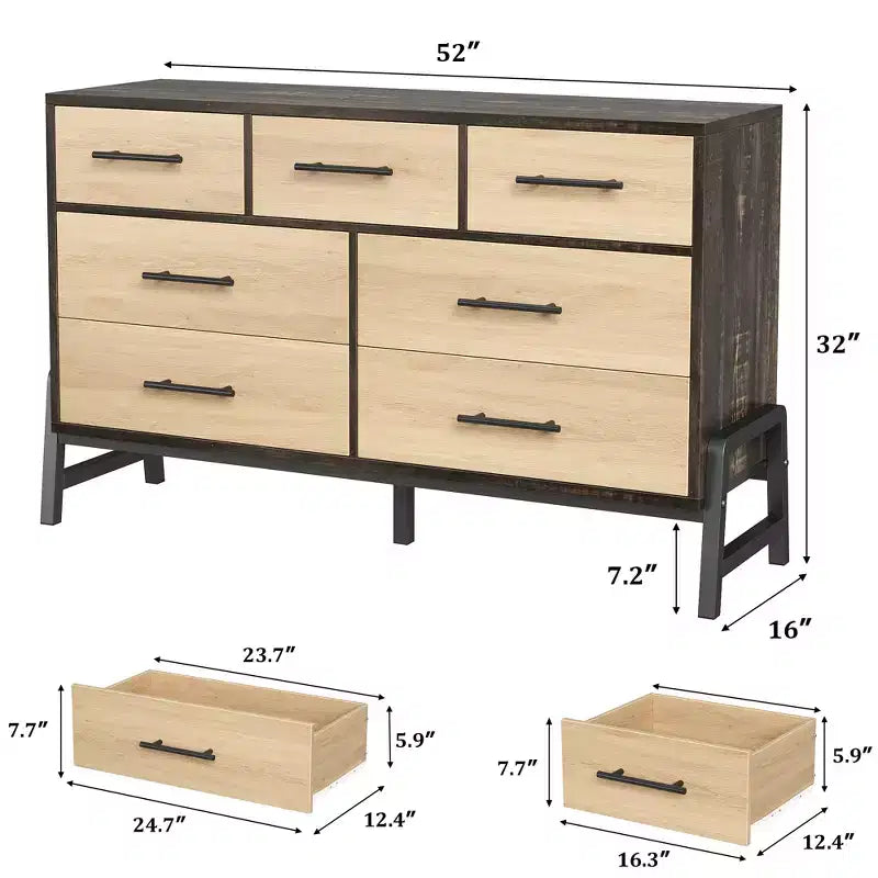 7 Cassettiere per camera da letto, cassettiera a 5 cassetti freestanding da 52" di larghezza con spazio di archiviazione, cassettiera rustica in rovere naturale per soggiorno, camera da letto