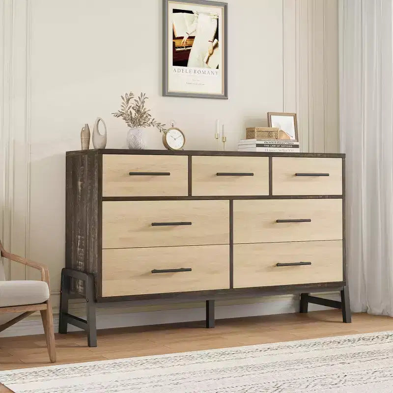7 Cassettiere per camera da letto, cassettiera a 5 cassetti freestanding da 52" di larghezza con spazio di archiviazione, cassettiera rustica in rovere naturale per soggiorno, camera da letto