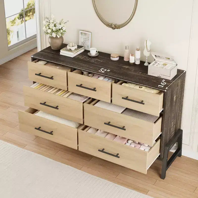 7 Cassettiere per camera da letto, cassettiera a 5 cassetti freestanding da 52" di larghezza con spazio di archiviazione, cassettiera rustica in rovere naturale per soggiorno, camera da letto