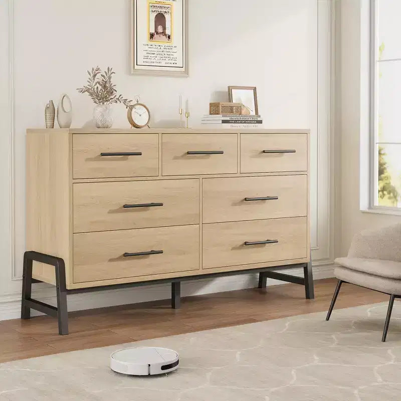 7 Cassettiere per camera da letto, cassettiera a 5 cassetti freestanding da 52" di larghezza con spazio di archiviazione, cassettiera rustica in rovere naturale per soggiorno, camera da letto