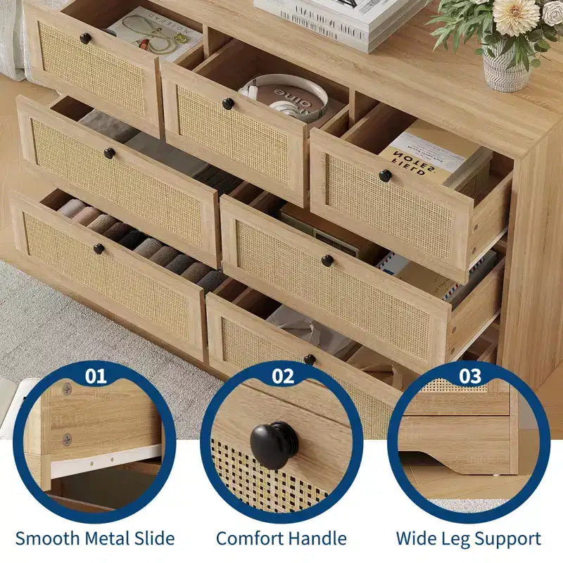 Comodino in Rattan a 7 Cassetti per Camera da Letto, Cassettiere Moderne da Fattoria, Organizzatore per Armadio, Salotto, Ingresso in Legno