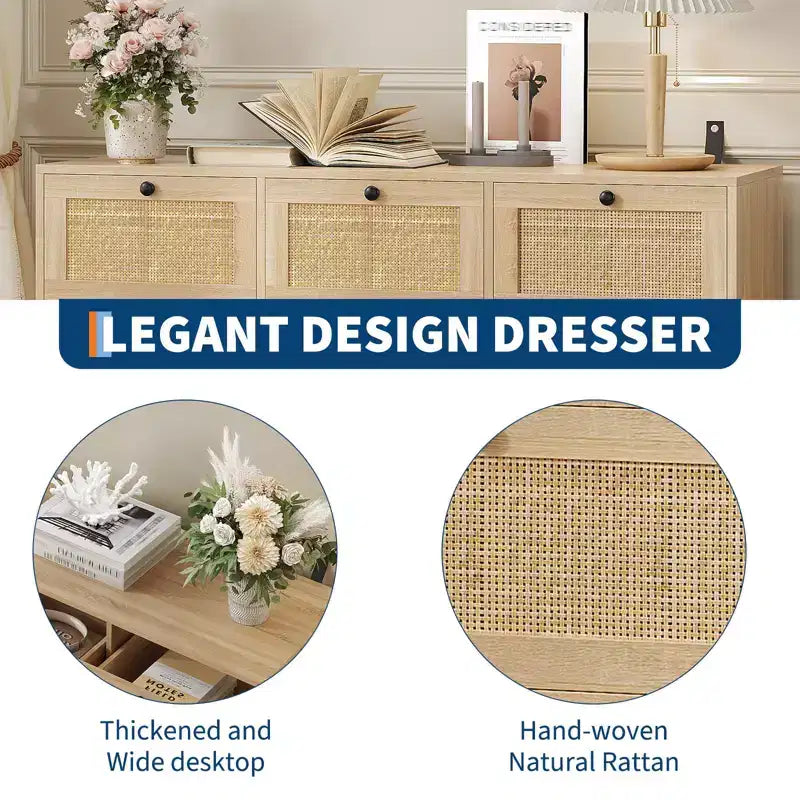 Comodino in Rattan a 7 Cassetti per Camera da Letto, Cassettiere Moderne da Fattoria, Organizzatore per Armadio, Salotto, Ingresso in Legno