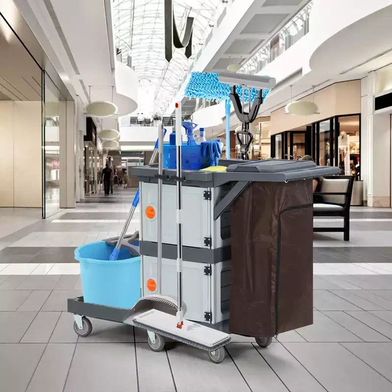 Carrello Janitorial Commerciale, Carrello per Pulizie a 3 Ripiani con Armadietti e Sacca Biancheria