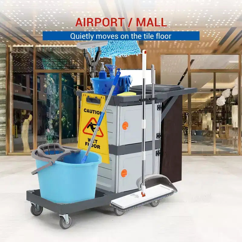 Carrello Janitorial Commerciale, Carrello per Pulizie a 3 Ripiani con Armadietti e Sacca Biancheria