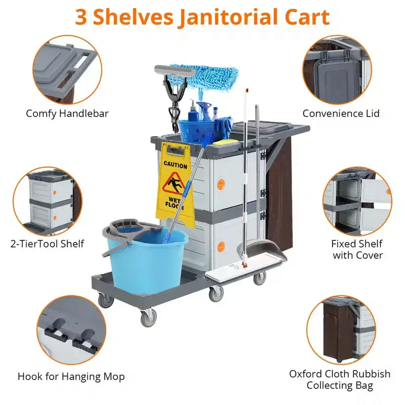 Carrello Janitorial Commerciale, Carrello per Pulizie a 3 Ripiani con Armadietti e Sacca Biancheria
