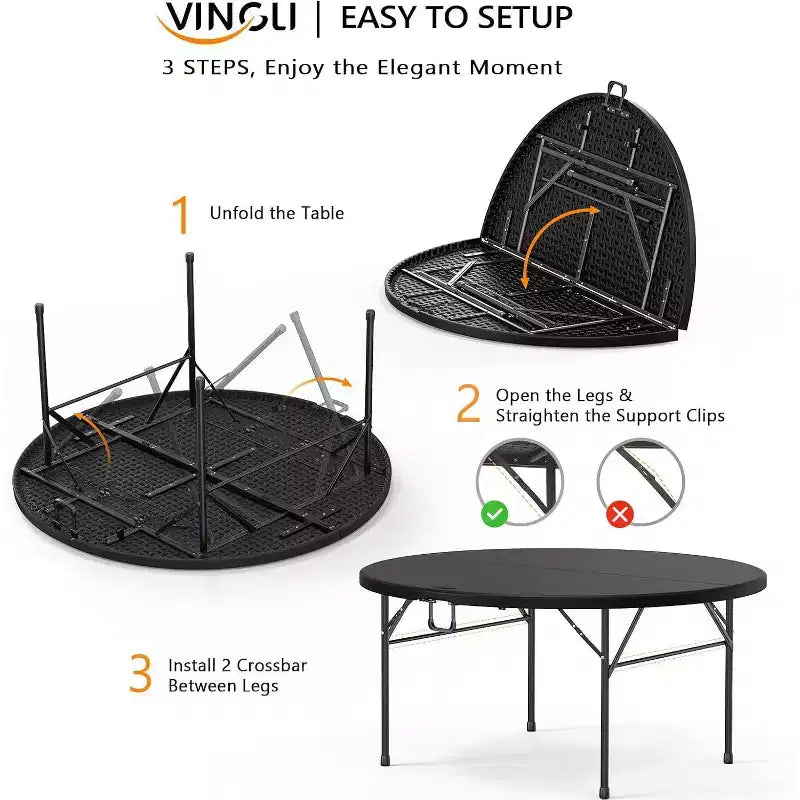 VINGLI Tavolo Commerciale Pieghevole Rotondo Nero da 1,5 metri, Tavolo da Pranzo Pieghevole in Plastica Portatile da 150 cm per Cucina Feste Matrimoni Eventi, Confezione da 1