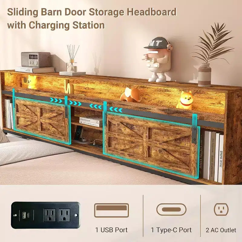 Zevemomo Letto singolo con letto estraibile, con testiera scorrevole a porta di fienile, luci a LED, letto in metallo resistente per soggiorno, camera da letto, camera degli ospiti, marrone