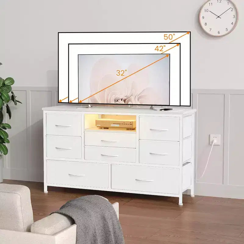 Mobile TV per Camera da Letto, Consolle TV con 8 Cassetti e Ripiani Aperti per Soggiorno, Ingresso