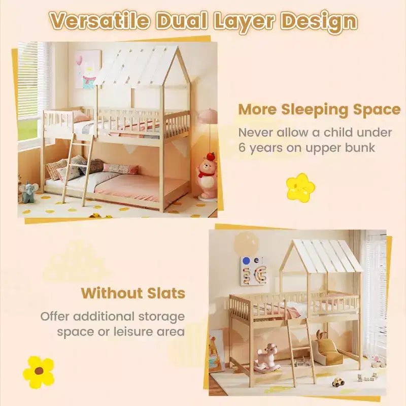Costway Letto a Castello a Casa per Bambini, con Tetto, Scaletta e Sponde di Sicurezza a Tutta Lunghezza, Naturale/Bianco