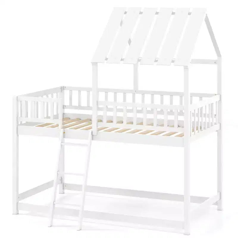 Costway Letto a Castello a Casa per Bambini, con Tetto, Scaletta e Sponde di Sicurezza a Tutta Lunghezza, Naturale/Bianco