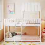 Costway Letto a Castello a Casa per Bambini, con Tetto, Scaletta e Sponde di Sicurezza a Tutta Lunghezza, Naturale/Bianco