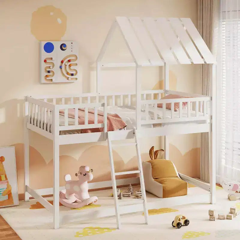 Costway Letto a Castello a Casa per Bambini, con Tetto, Scaletta e Sponde di Sicurezza a Tutta Lunghezza, Naturale/Bianco