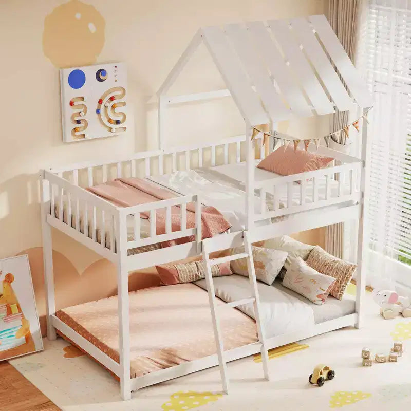 Costway Letto a Castello a Casa per Bambini, con Tetto, Scaletta e Sponde di Sicurezza a Tutta Lunghezza, Naturale/Bianco