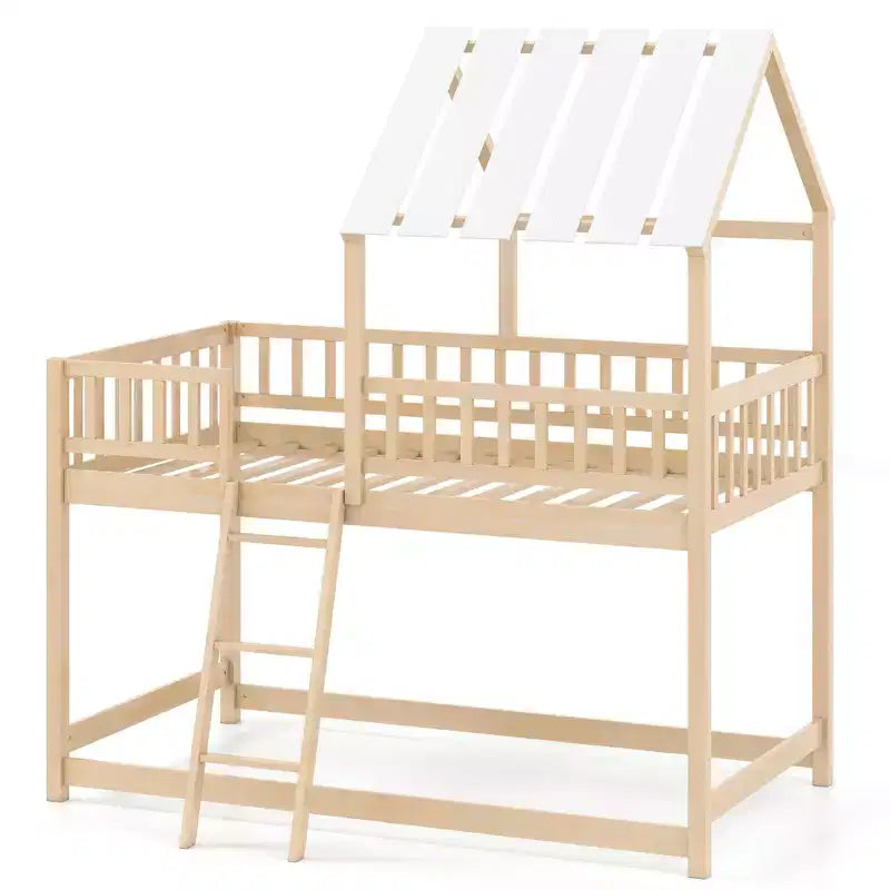 Costway Letto a Castello a Casa per Bambini, con Tetto, Scaletta e Sponde di Sicurezza a Tutta Lunghezza, Naturale/Bianco