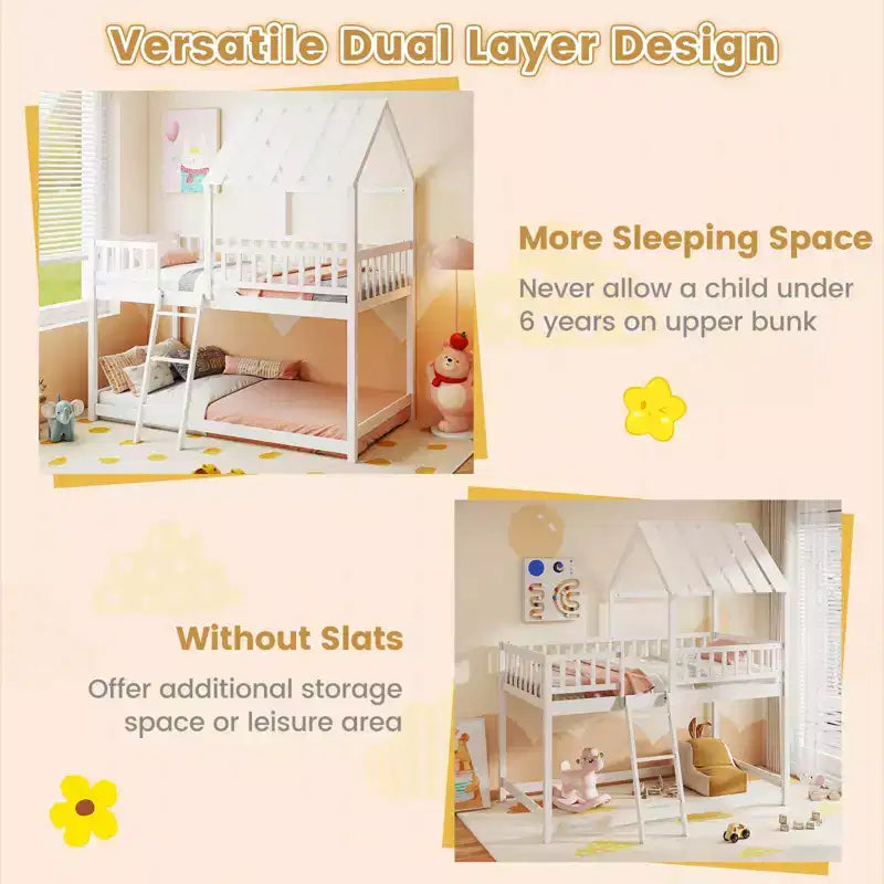 Costway Letto a Castello a Casa per Bambini, con Tetto, Scaletta e Sponde di Sicurezza a Tutta Lunghezza, Naturale/Bianco