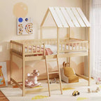 Costway Letto a Castello a Casa per Bambini, con Tetto, Scaletta e Sponde di Sicurezza a Tutta Lunghezza, Naturale/Bianco