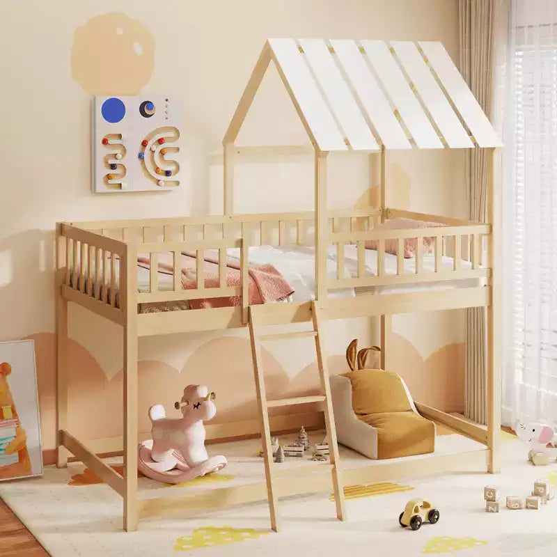 Costway Letto a Castello a Casa per Bambini, con Tetto, Scaletta e Sponde di Sicurezza a Tutta Lunghezza, Naturale/Bianco