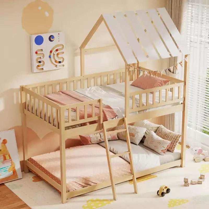 Costway Letto a Castello a Casa per Bambini, con Tetto, Scaletta e Sponde di Sicurezza a Tutta Lunghezza, Naturale/Bianco