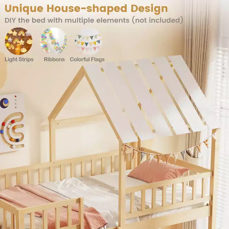 Costway Letto a Castello a Casa per Bambini, con Tetto, Scaletta e Sponde di Sicurezza a Tutta Lunghezza, Naturale/Bianco