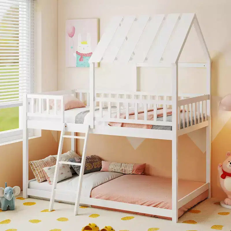 Costway Letto a Castello a Casa per Bambini, con Tetto, Scaletta e Sponde di Sicurezza a Tutta Lunghezza, Naturale/Bianco