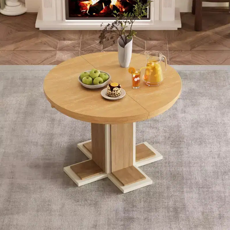 Okak Tavolo da pranzo allungabile retrò da 58 pollici con prolunga centrale da 16 pollici, tavolo da cucina per 6 persone, tavolo rotondo per cucina, sala da pranzo, naturale