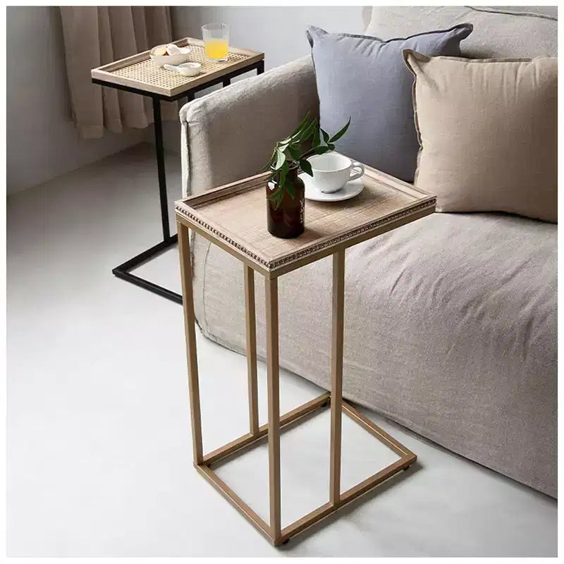 COZAYH Tavolino da Salotto a C in Stile Rustico, Tavolino d'Appoggio con Vassoio in Rattan Intrecciato, Nero