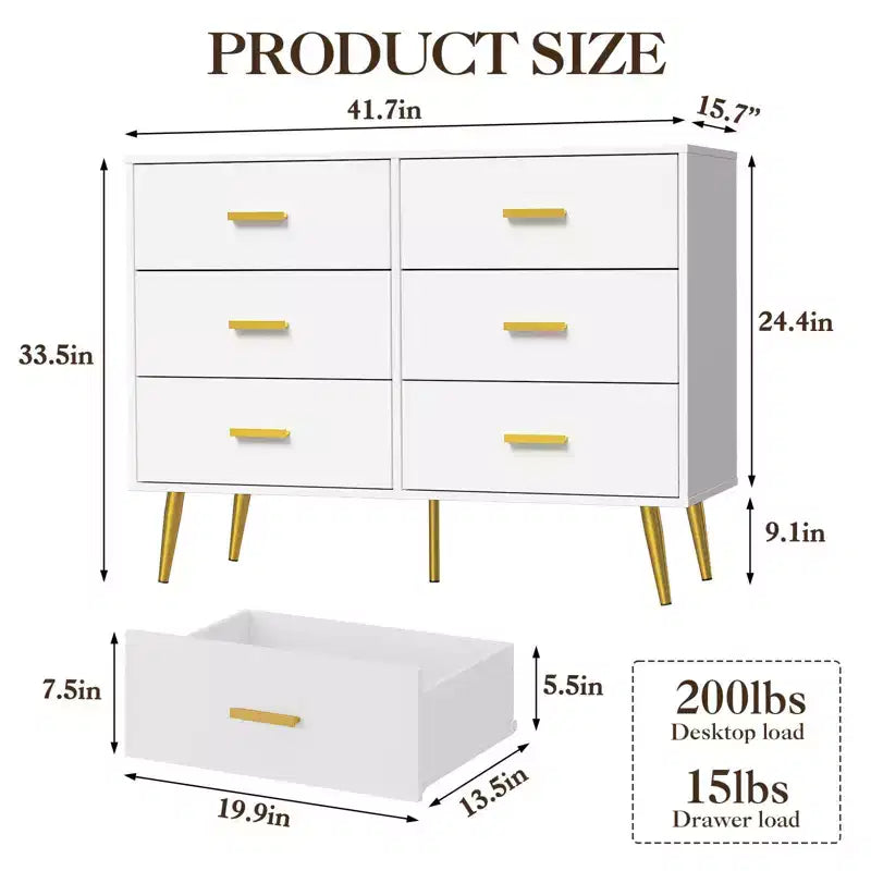 Comò a 6 cassetti, cassettiera moderna in legno per camera da letto con cassetti contenitori, mobile TV in stile rustico per soggiorno, camera da letto, corridoio, bianco