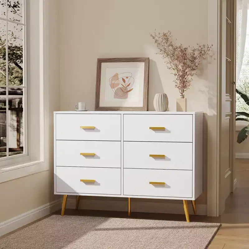 Comò a 6 cassetti, cassettiera moderna in legno per camera da letto con cassetti contenitori, mobile TV in stile rustico per soggiorno, camera da letto, corridoio, bianco