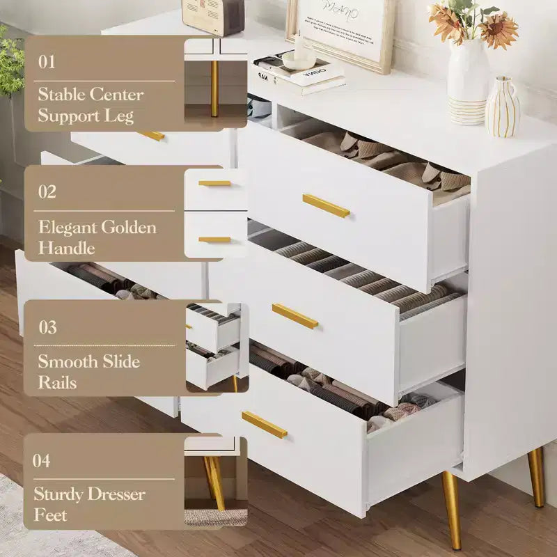 Comò a 6 cassetti, cassettiera moderna in legno per camera da letto con cassetti contenitori, mobile TV in stile rustico per soggiorno, camera da letto, corridoio, bianco