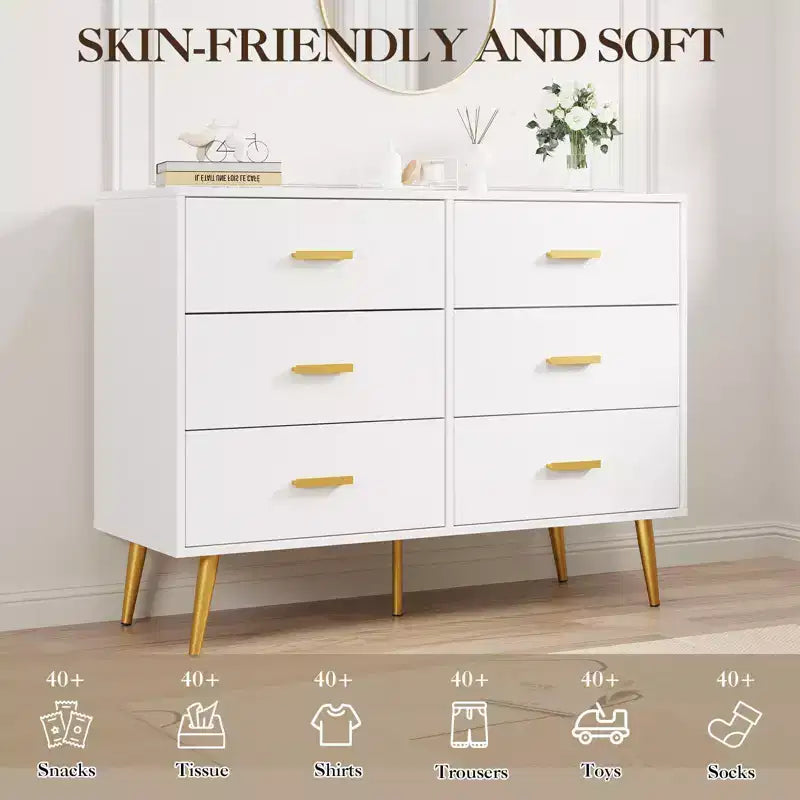 Comò a 6 cassetti, cassettiera moderna in legno per camera da letto con cassetti contenitori, mobile TV in stile rustico per soggiorno, camera da letto, corridoio, bianco