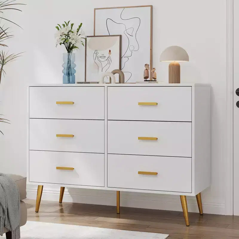Comò a 6 cassetti, cassettiera moderna in legno per camera da letto con cassetti contenitori, mobile TV in stile rustico per soggiorno, camera da letto, corridoio, bianco