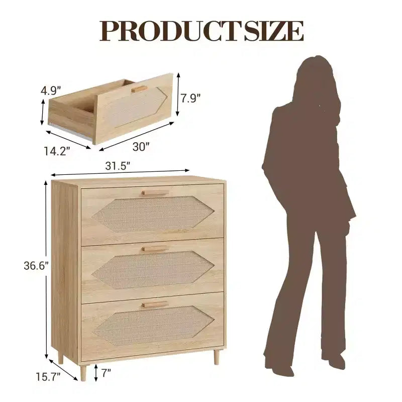 Cassettiera a 3 cassetti, madia moderna in legno con cassetti contenitori, mobile porta TV in stile rustico, adatta per soggiorno, camera da letto, legno naturale