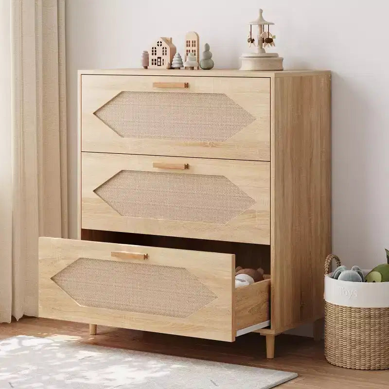 Cassettiera a 3 cassetti, madia moderna in legno con cassetti contenitori, mobile porta TV in stile rustico, adatta per soggiorno, camera da letto, legno naturale