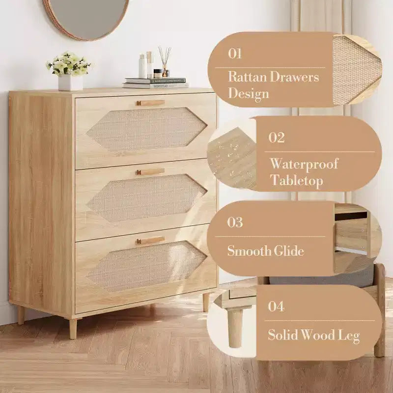 Cassettiera a 3 cassetti, madia moderna in legno con cassetti contenitori, mobile porta TV in stile rustico, adatta per soggiorno, camera da letto, legno naturale
