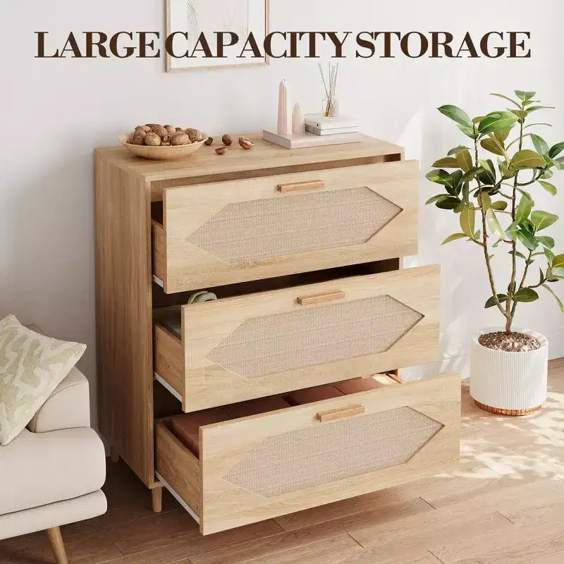 Cassettiera a 3 cassetti, madia moderna in legno con cassetti contenitori, mobile porta TV in stile rustico, adatta per soggiorno, camera da letto, legno naturale