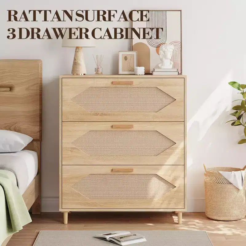 Cassettiera a 3 cassetti, madia moderna in legno con cassetti contenitori, mobile porta TV in stile rustico, adatta per soggiorno, camera da letto, legno naturale