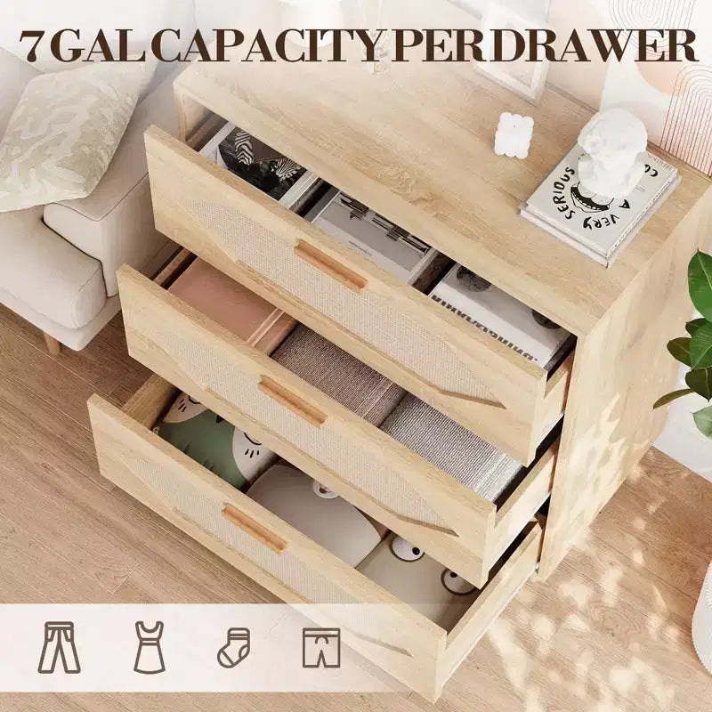 Cassettiera a 3 cassetti, madia moderna in legno con cassetti contenitori, mobile porta TV in stile rustico, adatta per soggiorno, camera da letto, legno naturale