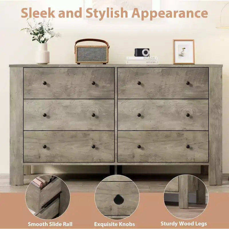 Cassettiera a 6 cassetti, cassettiera moderna in legno per camera da letto con cassetti contenitori, mobile porta TV in stile rustico per soggiorno, camera da letto, avorio chiaro