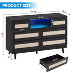 Cassettiera in Rattan a 6 Cassetti per Camera da Letto, Cassettiera Moderna in Legno con Prese di Corrente, Cassettiera in Rattan Larga 120 cm con Luce a LED, Porta TV