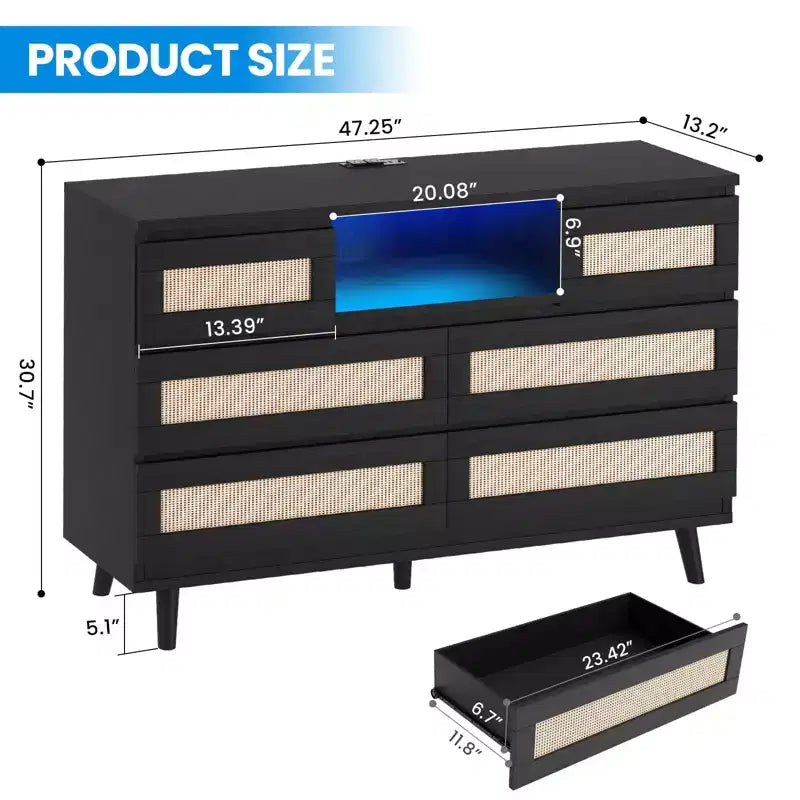 Cassettiera in Rattan a 6 Cassetti per Camera da Letto, Cassettiera Moderna in Legno con Prese di Corrente, Cassettiera in Rattan Larga 120 cm con Luce a LED, Porta TV