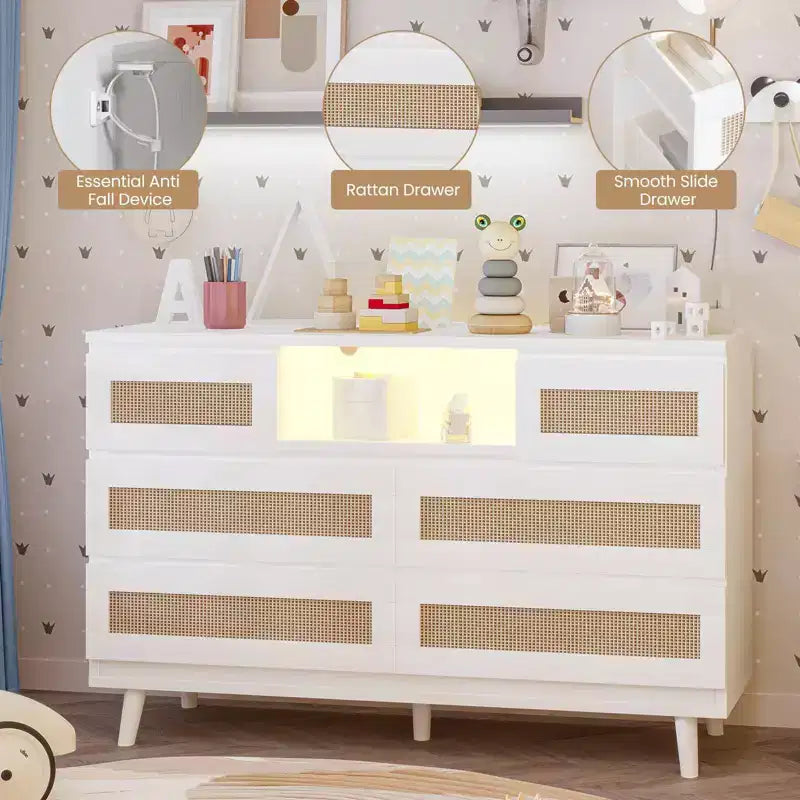 Cassettiera in Rattan a 6 Cassetti per Camera da Letto, Cassettiera Moderna in Legno con Prese di Corrente, Cassettiera in Rattan Larga 120 cm con Luce a LED, Porta TV