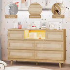 Cassettiera in Rattan a 6 Cassetti per Camera da Letto, Cassettiera Moderna in Legno con Prese di Corrente, Cassettiera in Rattan Larga 120 cm con Luce a LED, Porta TV