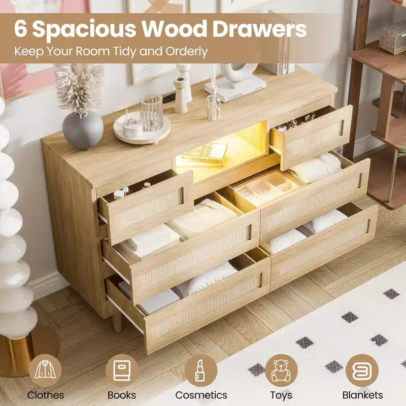 Cassettiera in Rattan a 6 Cassetti per Camera da Letto, Cassettiera Moderna in Legno con Prese di Corrente, Cassettiera in Rattan Larga 120 cm con Luce a LED, Porta TV