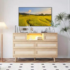 Cassettiera in Rattan a 6 Cassetti per Camera da Letto, Cassettiera Moderna in Legno con Prese di Corrente, Cassettiera in Rattan Larga 120 cm con Luce a LED, Porta TV