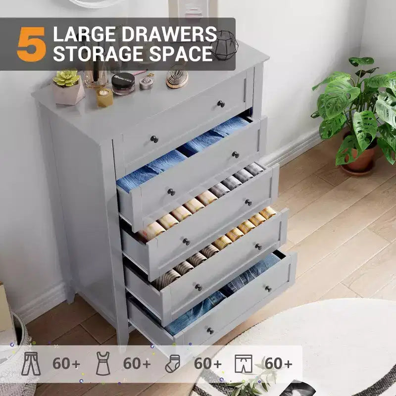 Cassettiera a 5 cassetti per camera da letto, cassettiera alta in legno stile rustico per vestiti, grande organizer con maniglie dorate e cassetti profondi