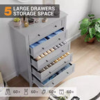Cassettiera a 5 cassetti per camera da letto, cassettiera alta in legno stile rustico per vestiti, grande organizer con maniglie dorate e cassetti profondi