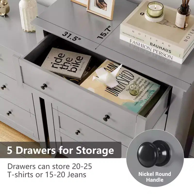 Cassettiera a 5 cassetti per camera da letto, cassettiera alta in legno stile rustico per vestiti, grande organizer con maniglie dorate e cassetti profondi