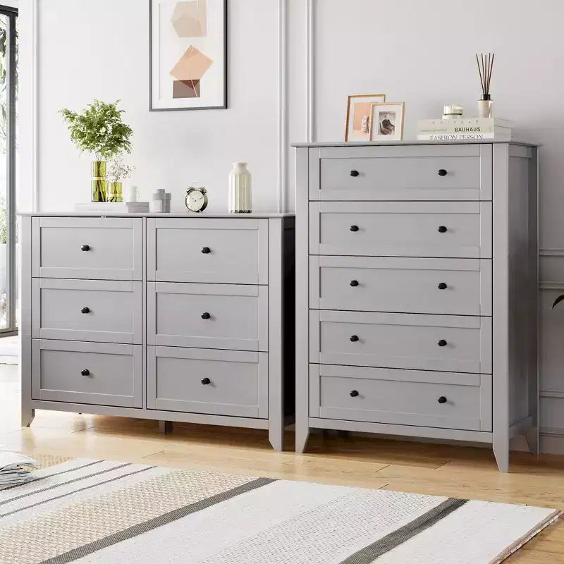 Cassettiera a 5 cassetti per camera da letto, cassettiera alta in legno stile rustico per vestiti, grande organizer con maniglie dorate e cassetti profondi